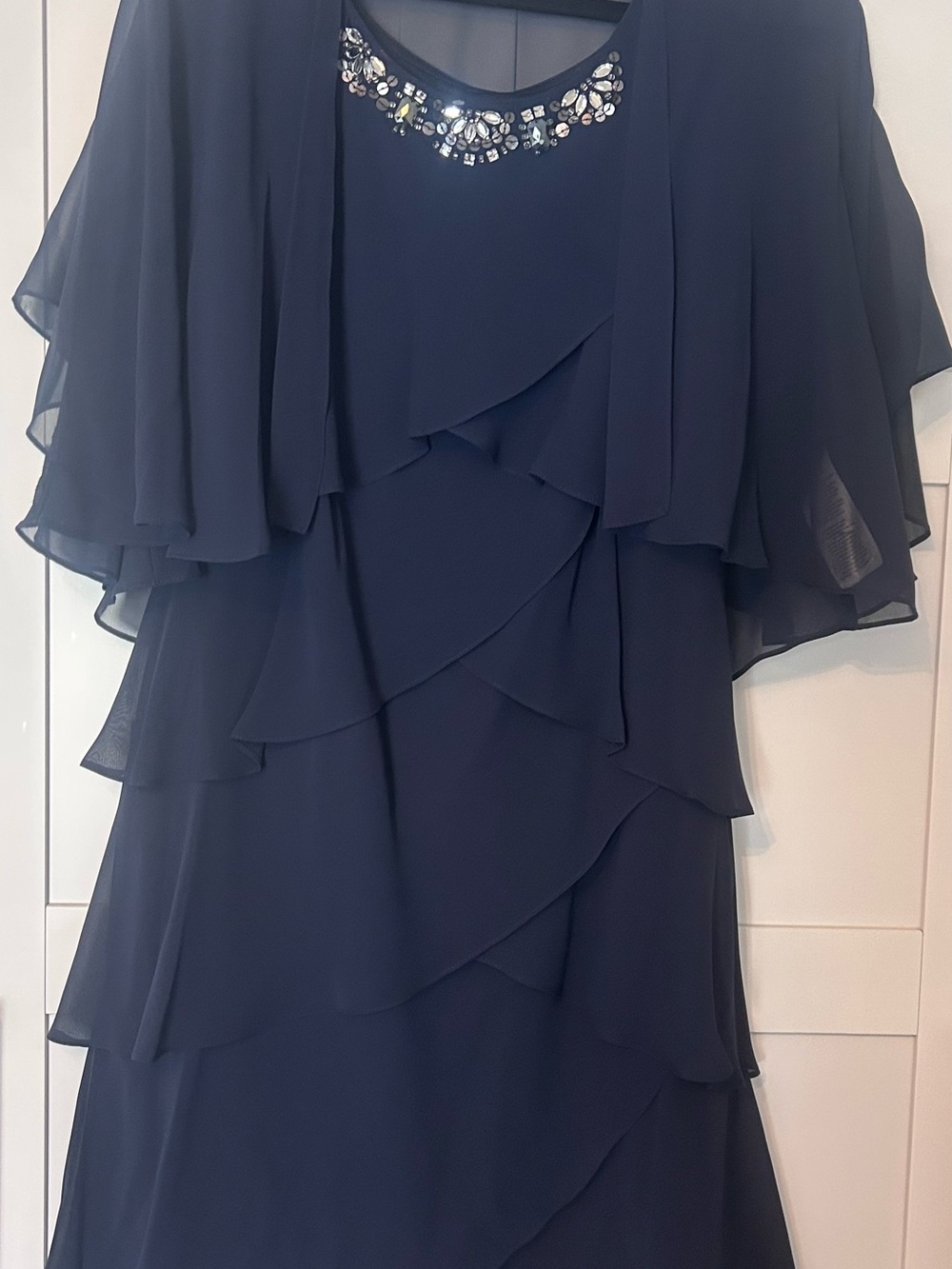 SLNY Navy Blue Chiffon Tiered Dress & Jacket Set Beaded Neck Size 16